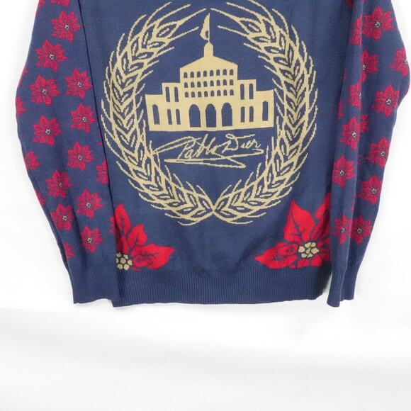 Modelo Sweater Mens Large Blue Red Holiday Poinsettia Beer Christmas Ugly Knit - Picture 5 of 11